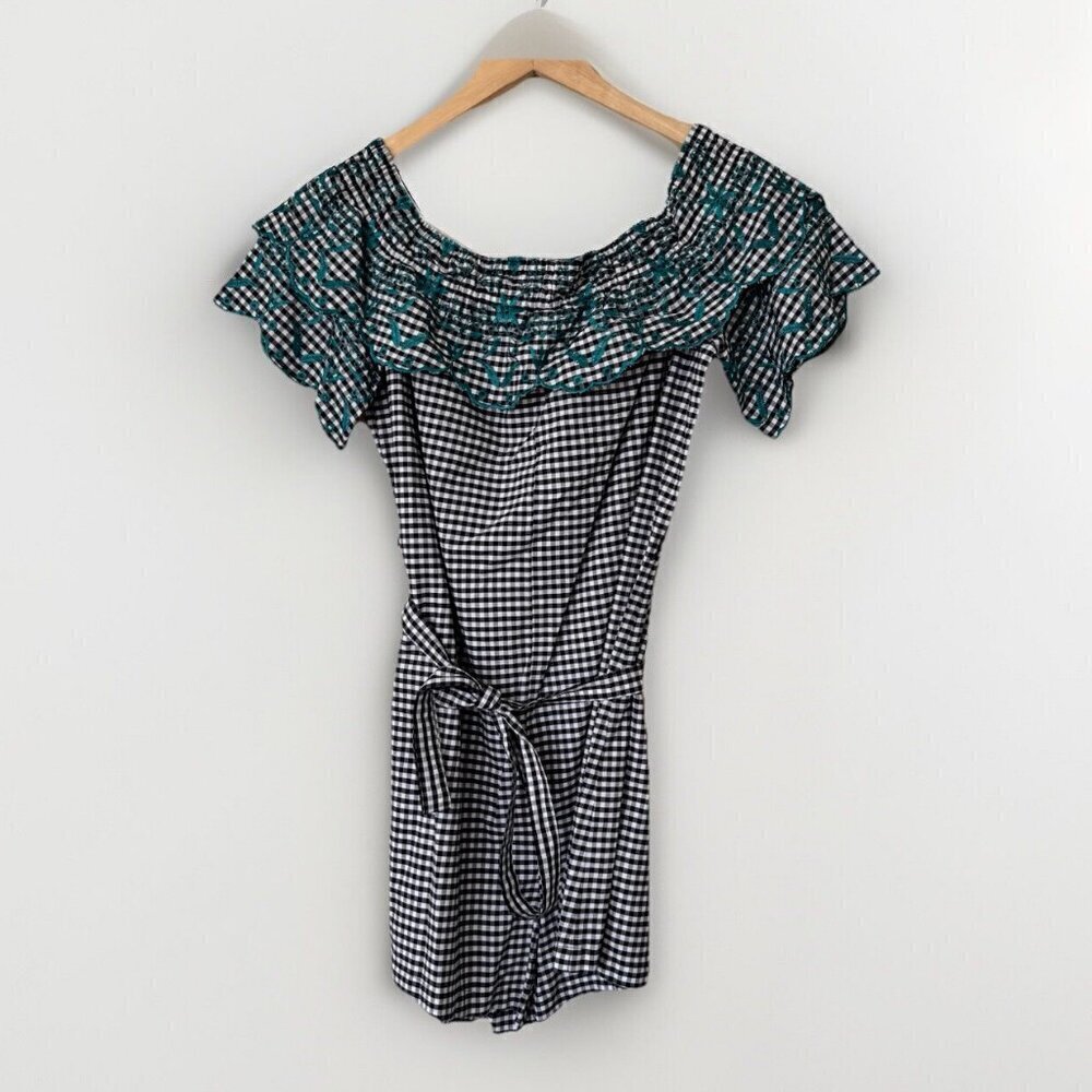 LOFT Beach Womens Gingham Romper Off Shoulder Checkered Embroidered Collar Sz M